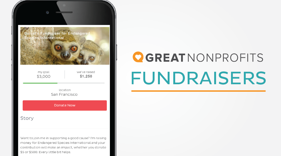 Title GreatNonprofits Fundraisers with a screenshot of a fundraiser for Endangered Species International on a black mobile phone with prominent Donate button 