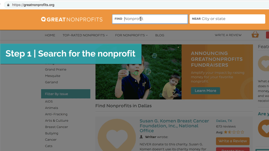 GIF showing Step 1 of How to Create a fundraiser on the GreatNonprofits website: Search for the Nonprofit and Post Your Review 