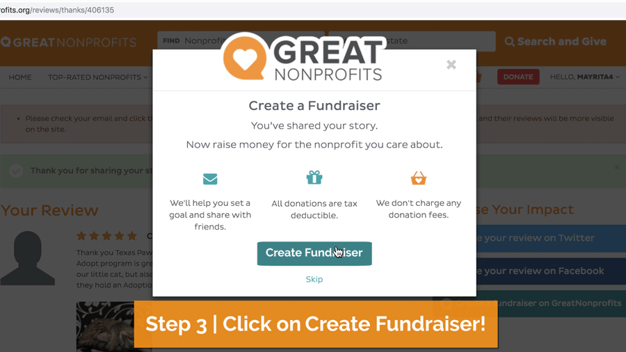 GIF showing Step 3 of How to Create a fundraiser on the GreatNonprofits website: Create Fundraiser