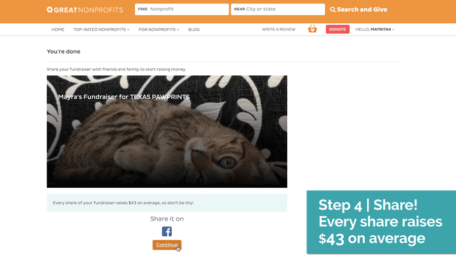 GIF showing Step 4 of How to Create a fundraiser on the GreatNonprofits website: Share – Every share raises $43 on average!